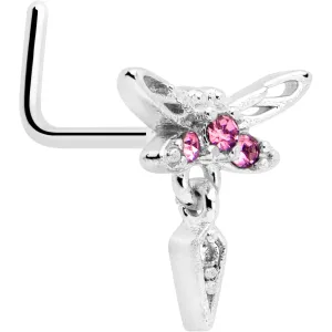 20 Gauge 7mm Pink Gem Swank Dragonfly Dangle L Shape Nose Ring