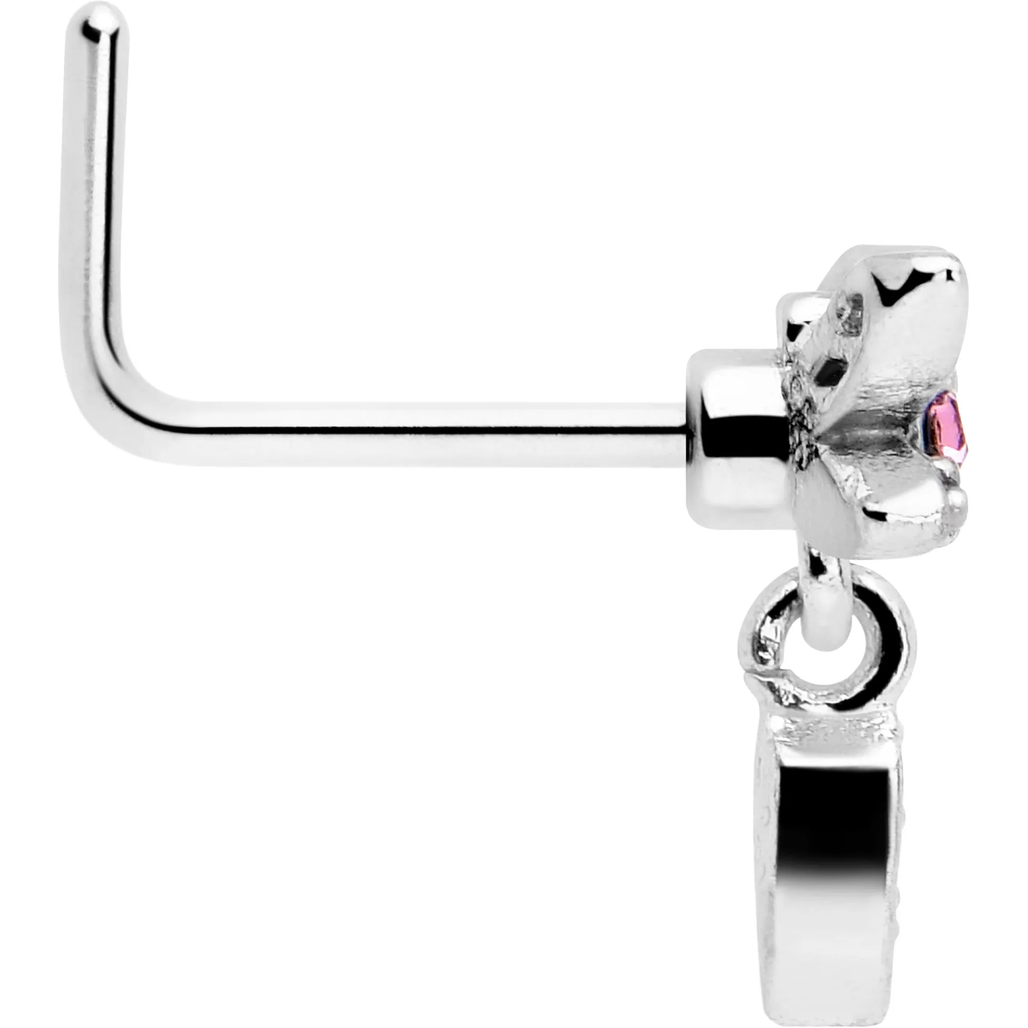 20 Gauge 7mm Pink Gem Swank Dragonfly Dangle L Shape Nose Ring