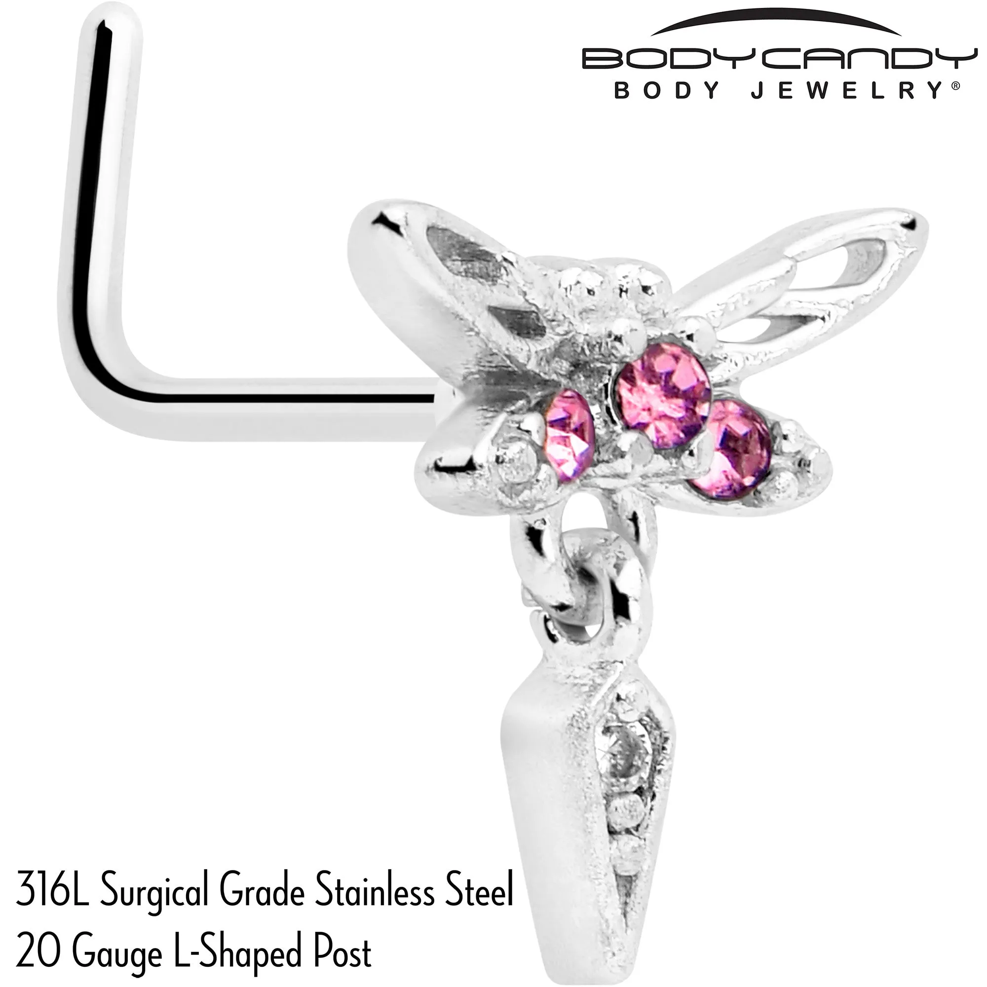 20 Gauge 7mm Pink Gem Swank Dragonfly Dangle L Shape Nose Ring