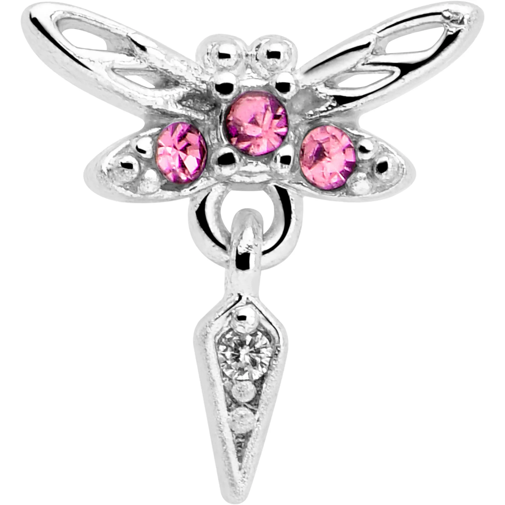 20 Gauge 7mm Pink Gem Swank Dragonfly Dangle L Shape Nose Ring