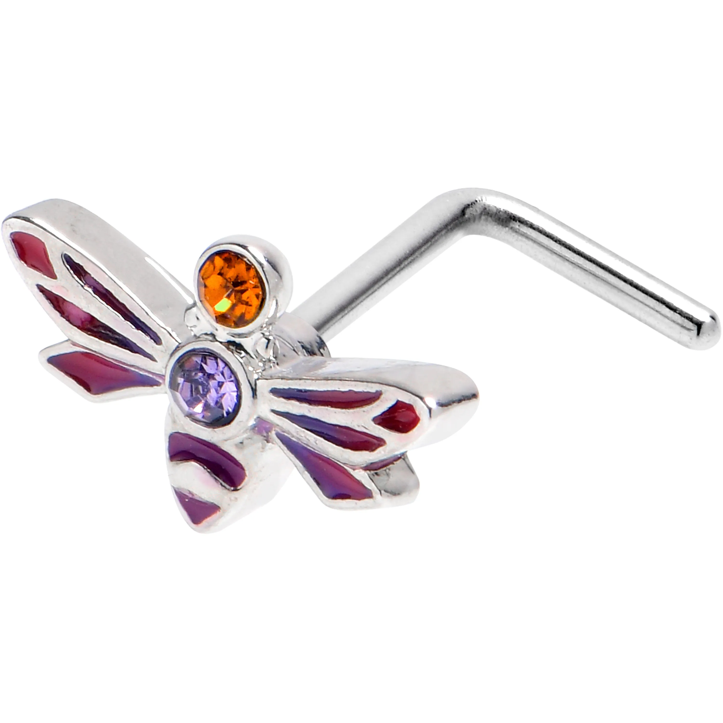 20 Gauge 7mm Purple Yellow Gem Dragonfly Stripe L Shape Nose Ring