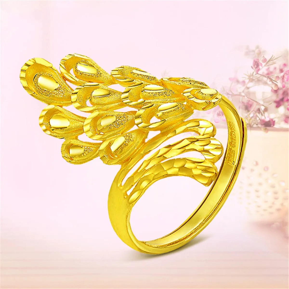 24K Gold-Plated Peacock Filigree Bypass Ring