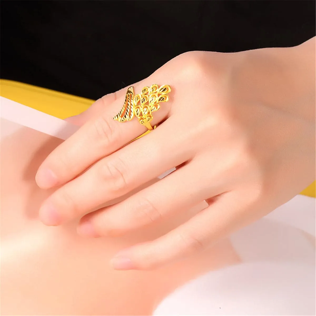 24K Gold-Plated Peacock Filigree Bypass Ring