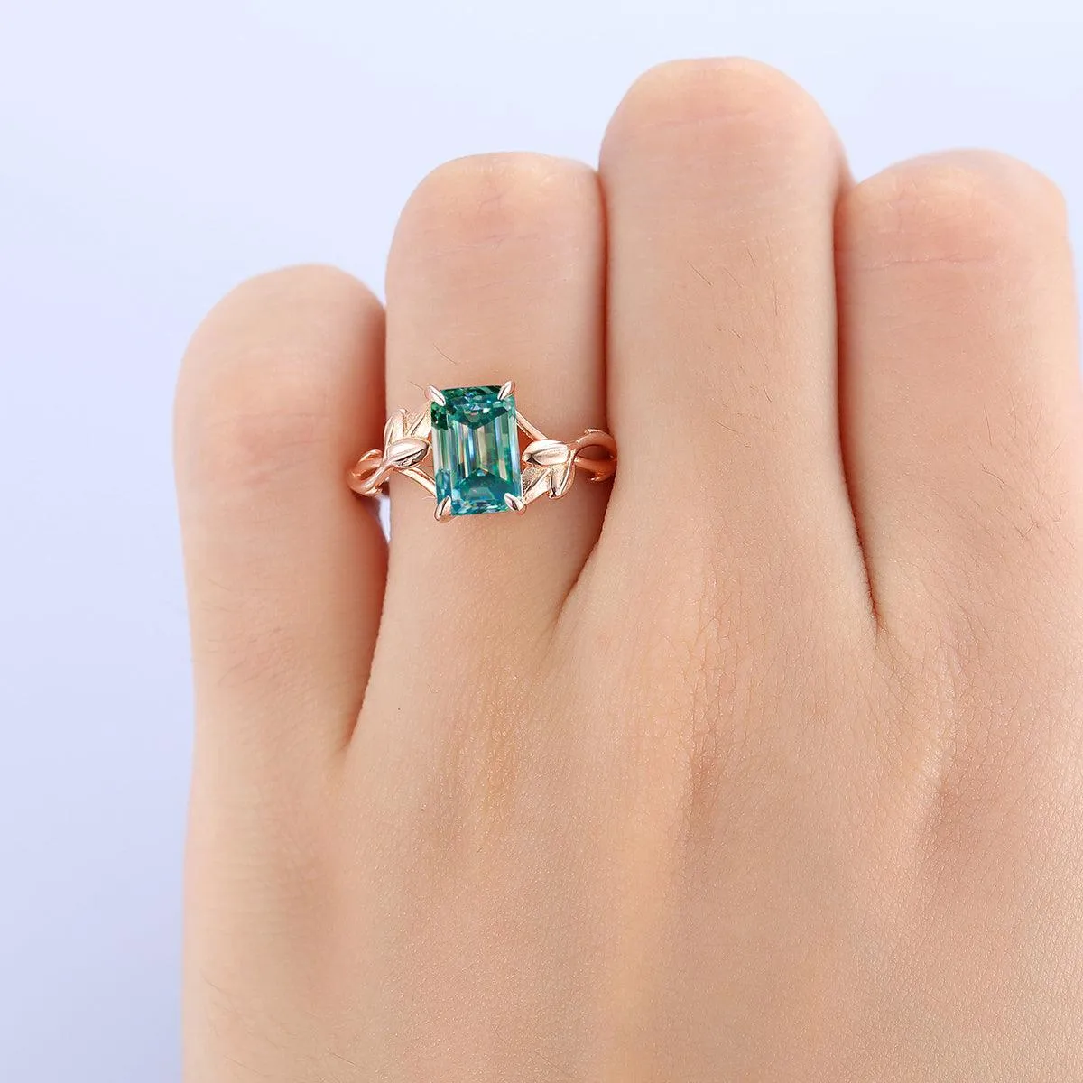 2.5 CT Emerald Cut Blue Moissanite 14K Gold Leaf Twist  Solitaire Ring