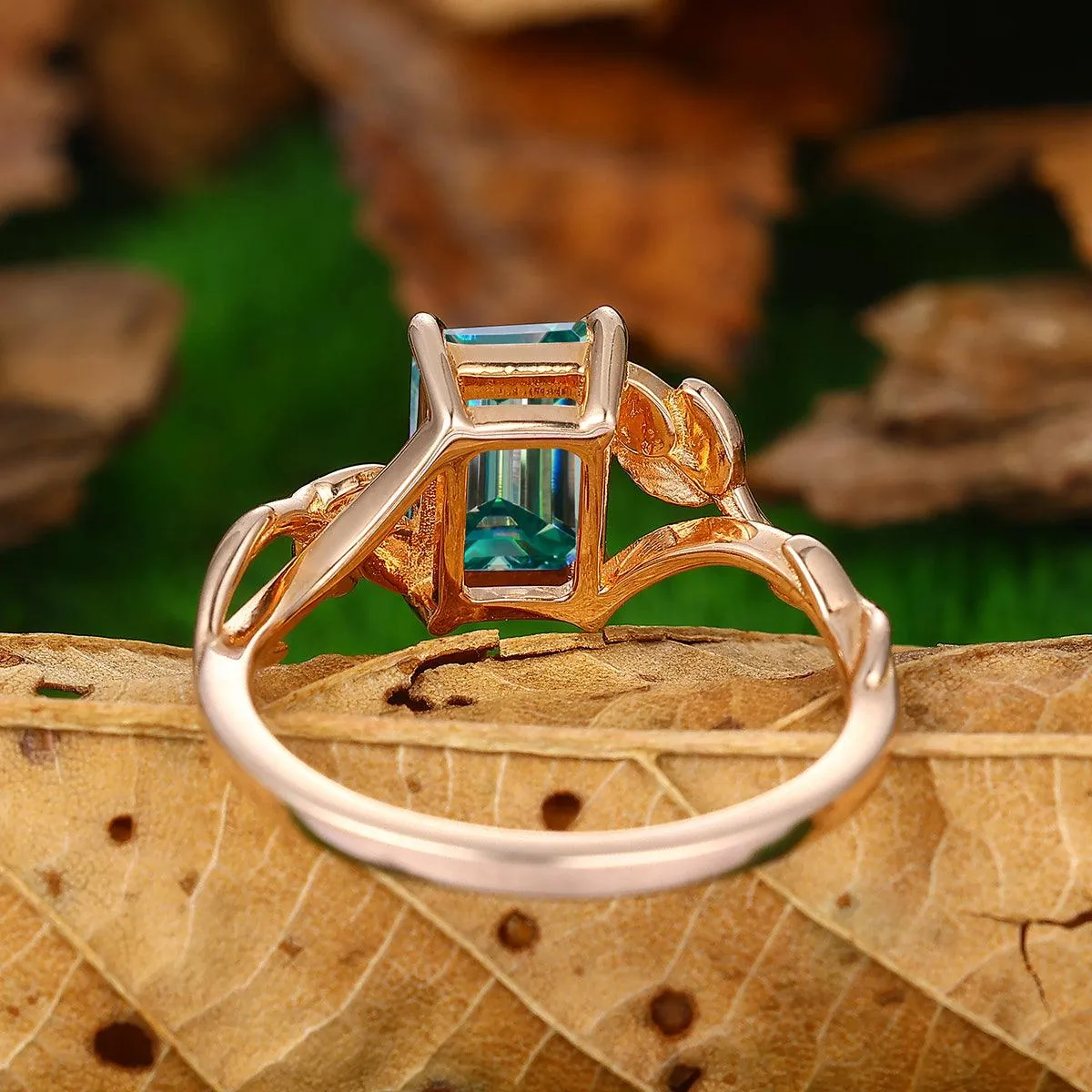 2.5 CT Emerald Cut Blue Moissanite 14K Gold Leaf Twist  Solitaire Ring