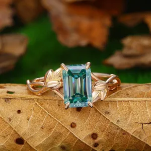 2.5 CT Emerald Cut Blue Moissanite 14K Gold Leaf Twist  Solitaire Ring