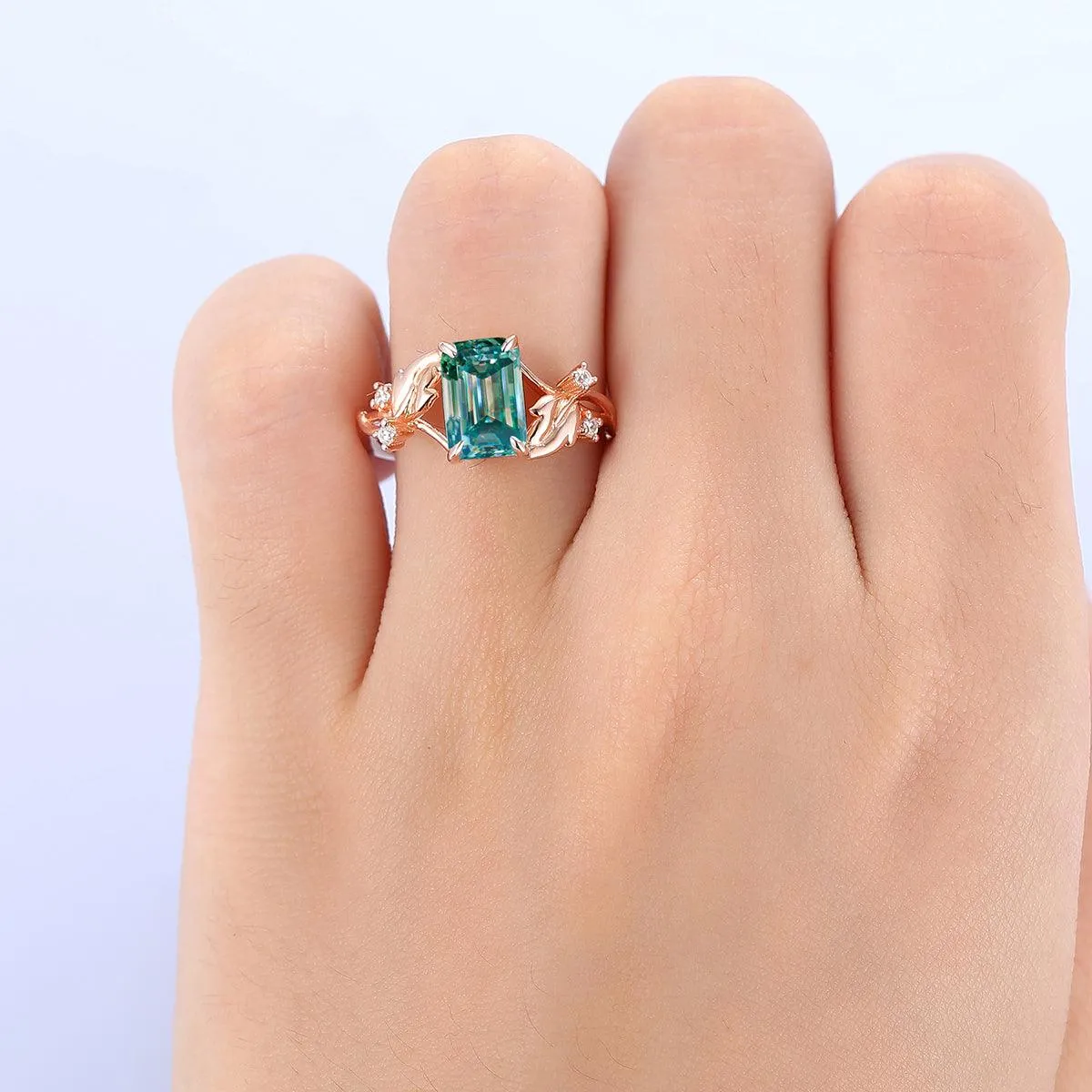 2.5 ct Emerald Cut Blue Moissanite Leaf Curved Twist Band Diamond Bridal Ring