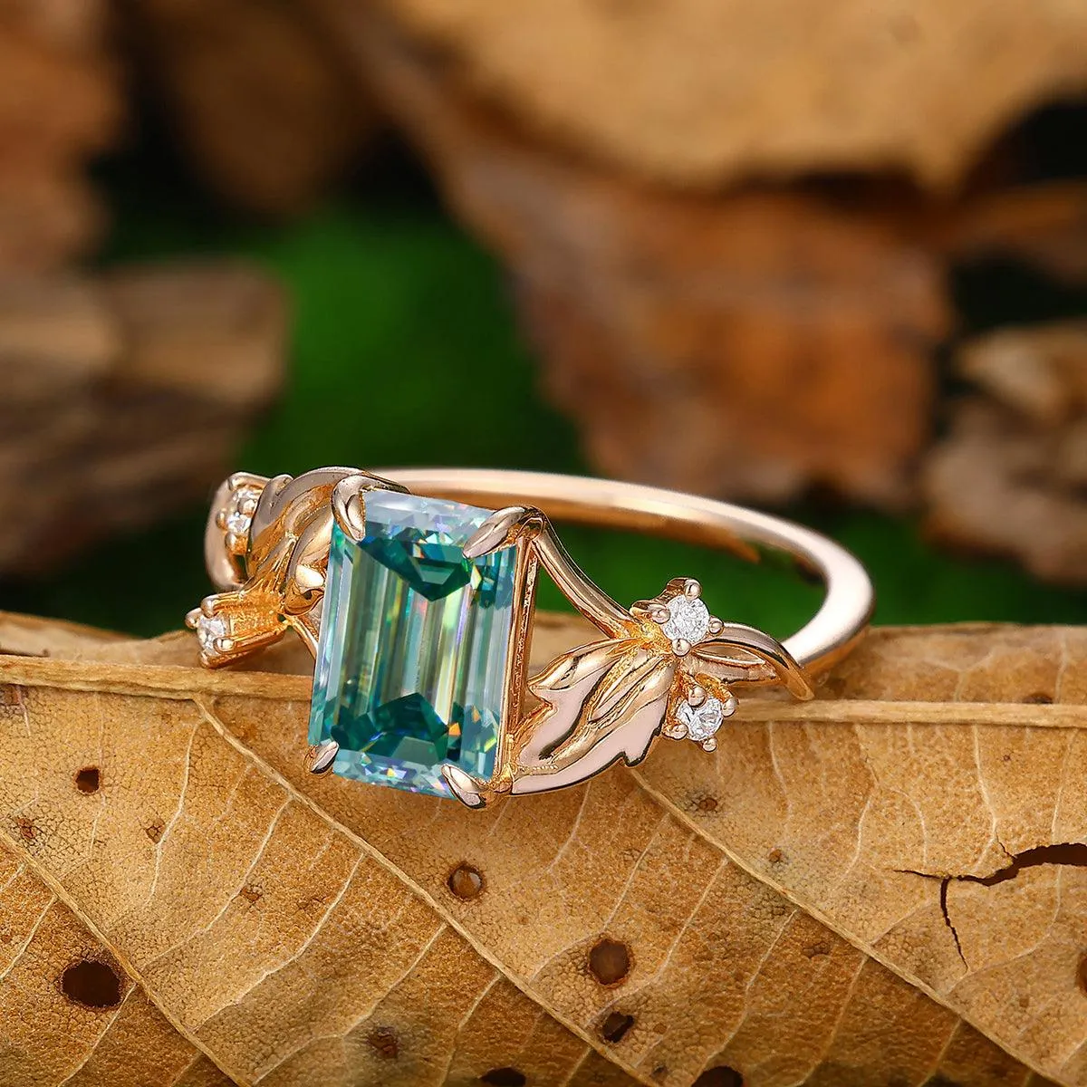 2.5 ct Emerald Cut Blue Moissanite Leaf Curved Twist Band Diamond Bridal Ring