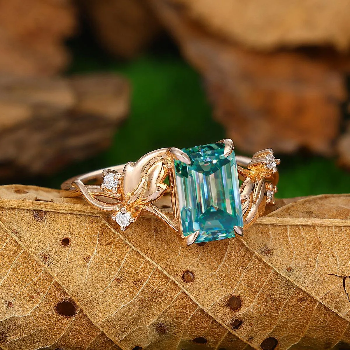 2.5 ct Emerald Cut Blue Moissanite Leaf Curved Twist Band Diamond Bridal Ring