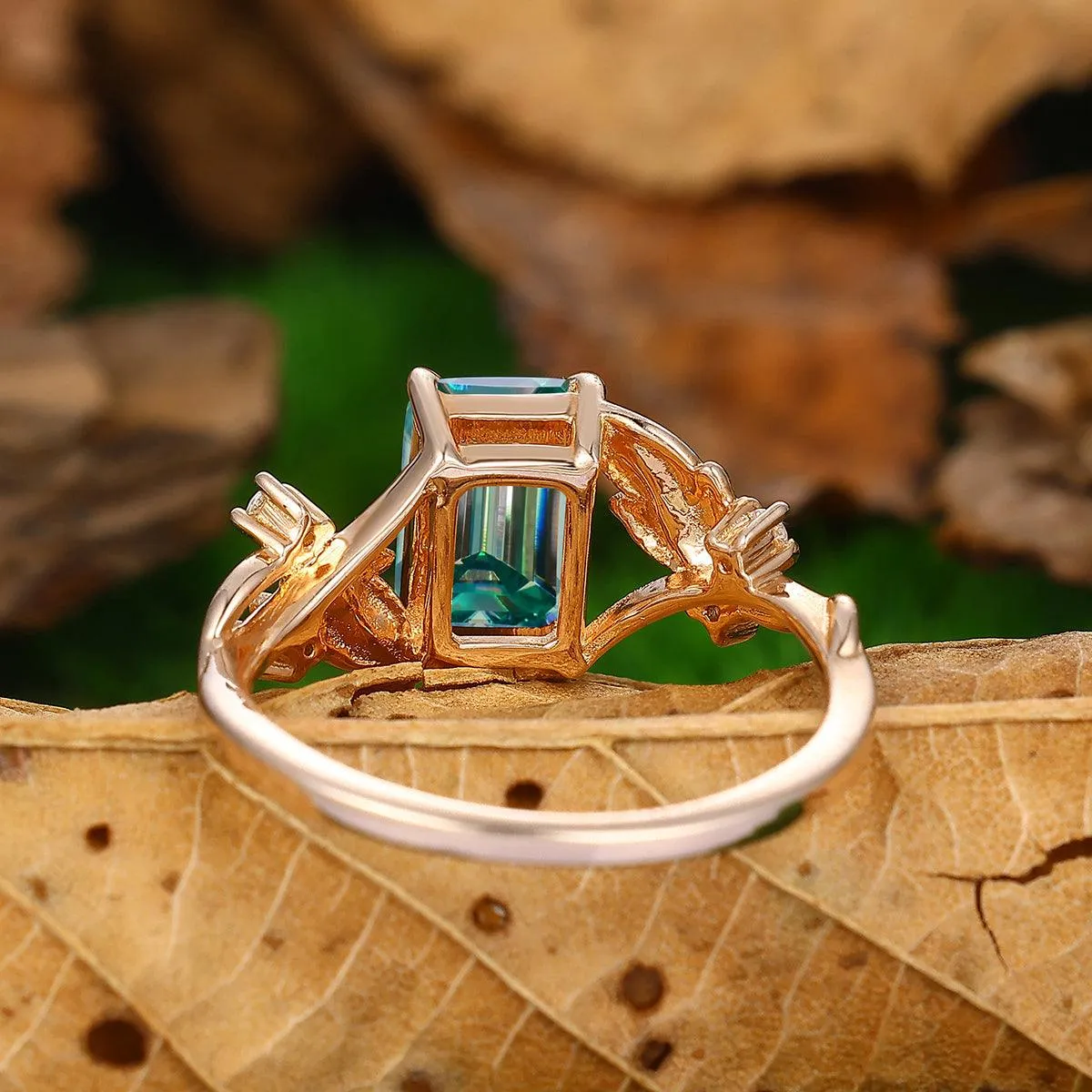 2.5 ct Emerald Cut Blue Moissanite Leaf Curved Twist Band Diamond Bridal Ring