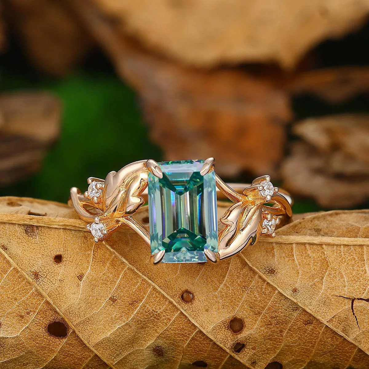 2.5 ct Emerald Cut Blue Moissanite Leaf Curved Twist Band Diamond Bridal Ring