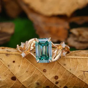 2.5 ct Emerald Cut Blue Moissanite Leaf Curved Twist Band Diamond Bridal Ring