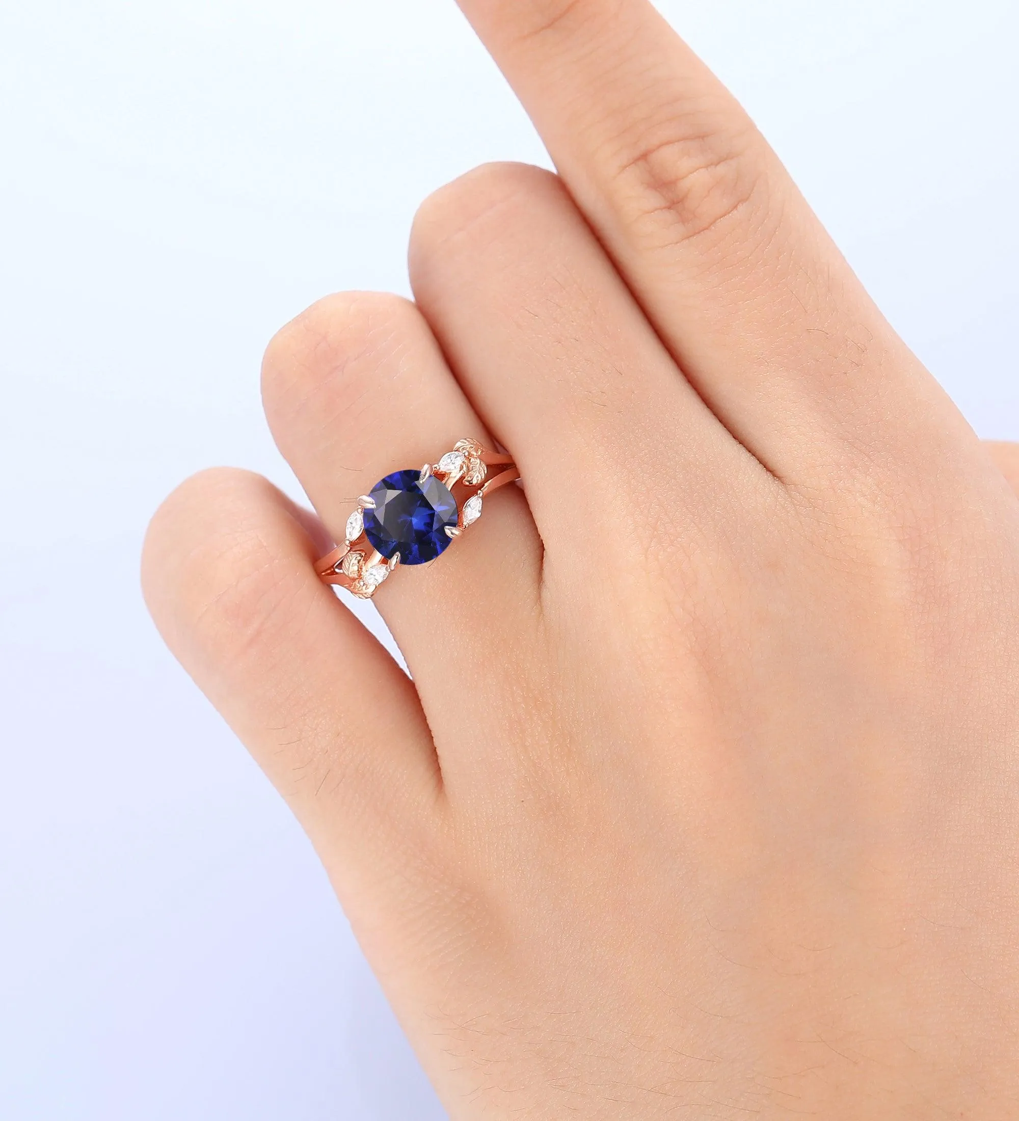 2CT Round Shaped Sapphire Wedding Enagement Ring Nature Inspired Leaf Promise Ring 14k Soild Gold