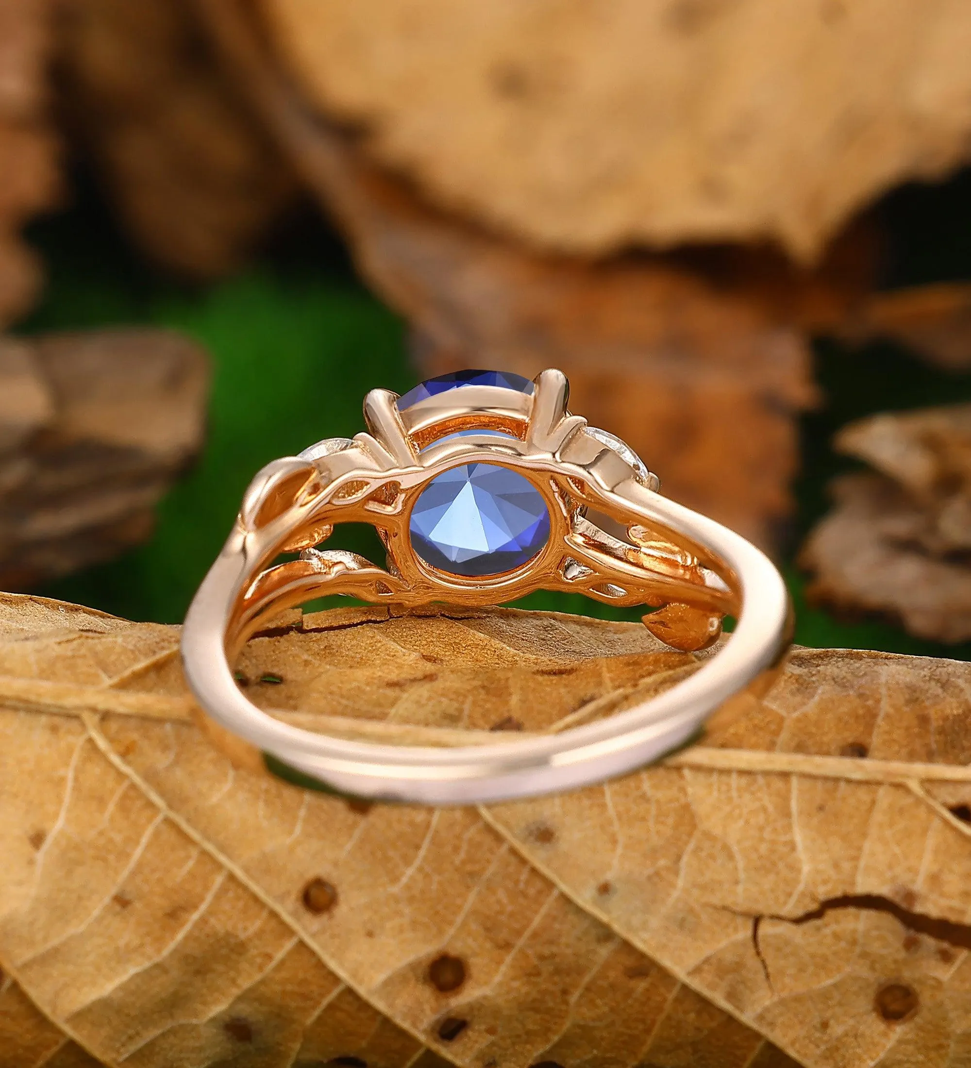 2CT Round Shaped Sapphire Wedding Enagement Ring Nature Inspired Leaf Promise Ring 14k Soild Gold
