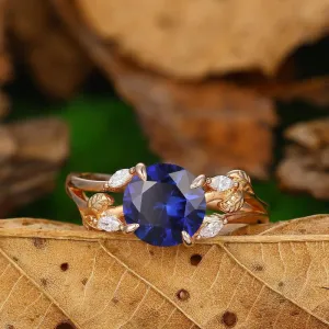 2CT Round Shaped Sapphire Wedding Enagement Ring Nature Inspired Leaf Promise Ring 14k Soild Gold