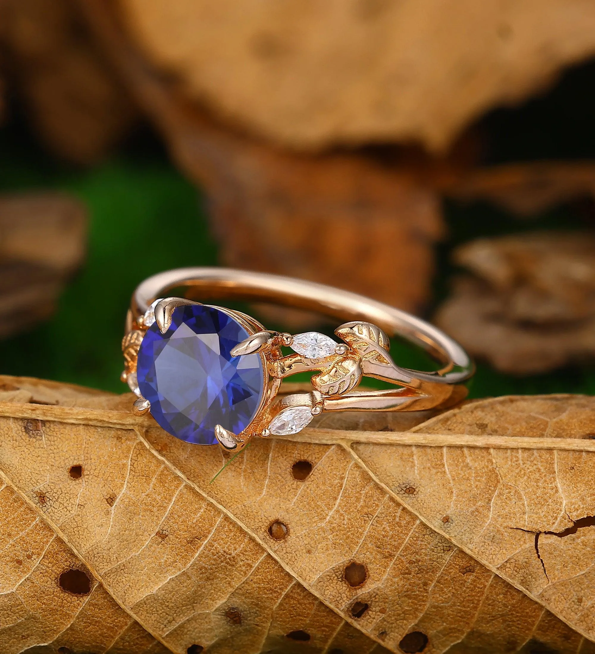 2CT Round Shaped Sapphire Wedding Enagement Ring Nature Inspired Leaf Promise Ring 14k Soild Gold