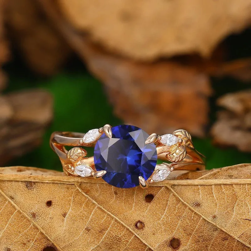 2CT Round Shaped Sapphire Wedding Enagement Ring Nature Inspired Leaf Promise Ring 14k Soild Gold