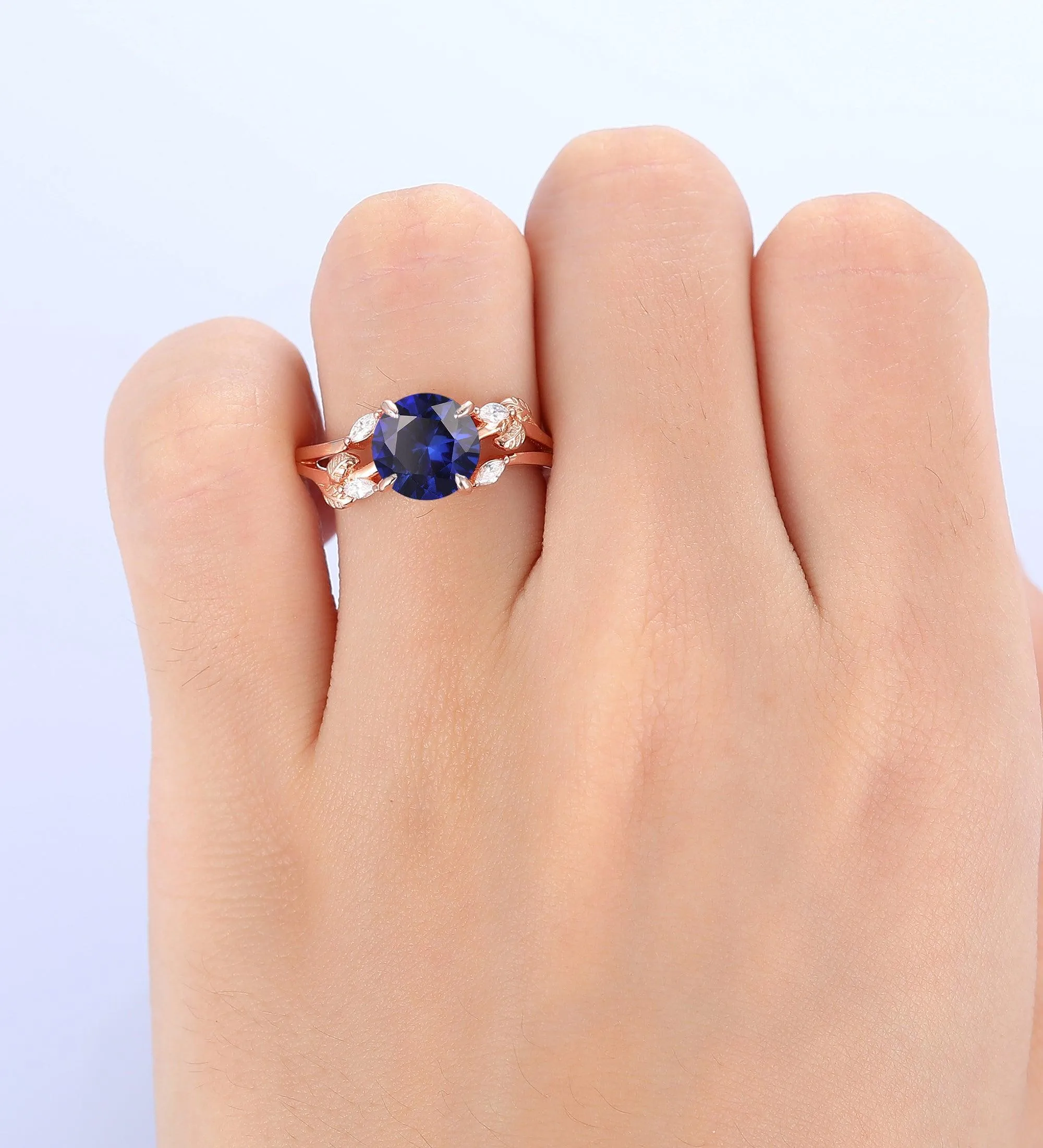 2CT Round Shaped Sapphire Wedding Enagement Ring Nature Inspired Leaf Promise Ring 14k Soild Gold