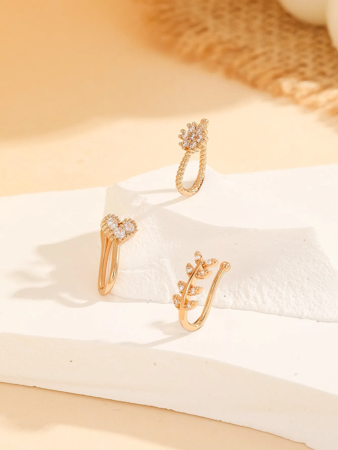 3pcs/set Rhinestone Leaf & Heart Decor Nose Cuf - Gold