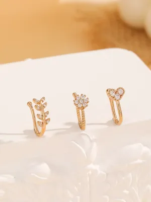 3pcs/set Rhinestone Leaf & Heart Decor Nose Cuf - Gold