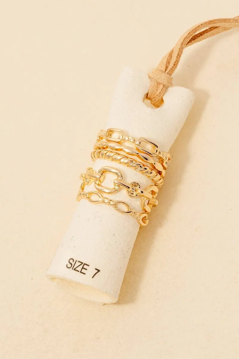 5Pc Mixed Rope And Chain Dainty Band Rings Set: GD