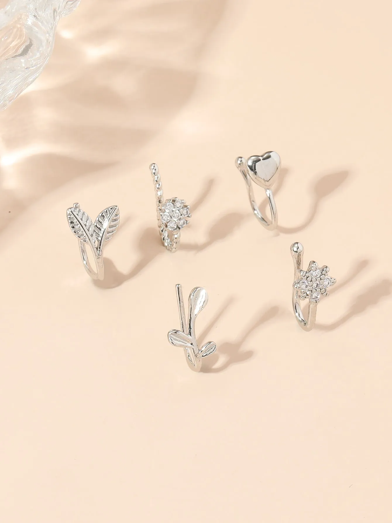 5pcs Leaf & Heart Decor Nose Cuff - Silver