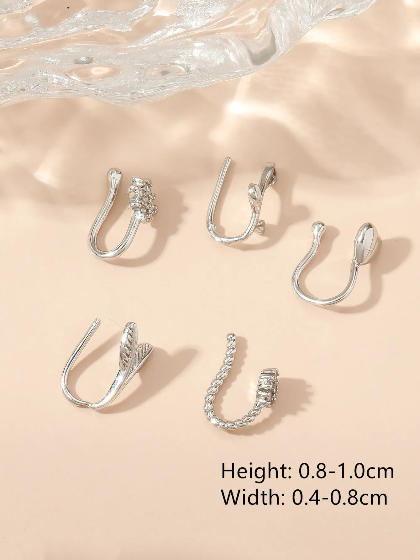 5pcs Leaf & Heart Decor Nose Cuff - Silver