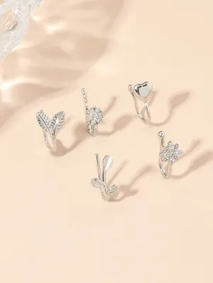 5pcs Leaf & Heart Decor Nose Cuff - Silver