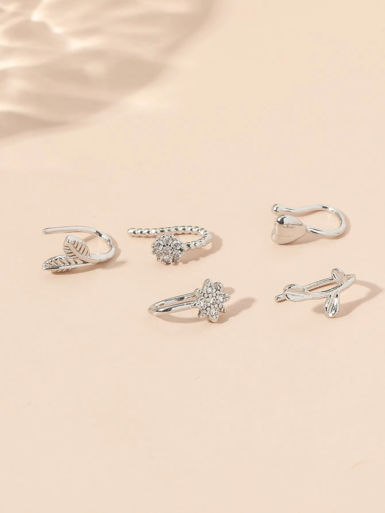 5pcs Leaf & Heart Decor Nose Cuff - Silver