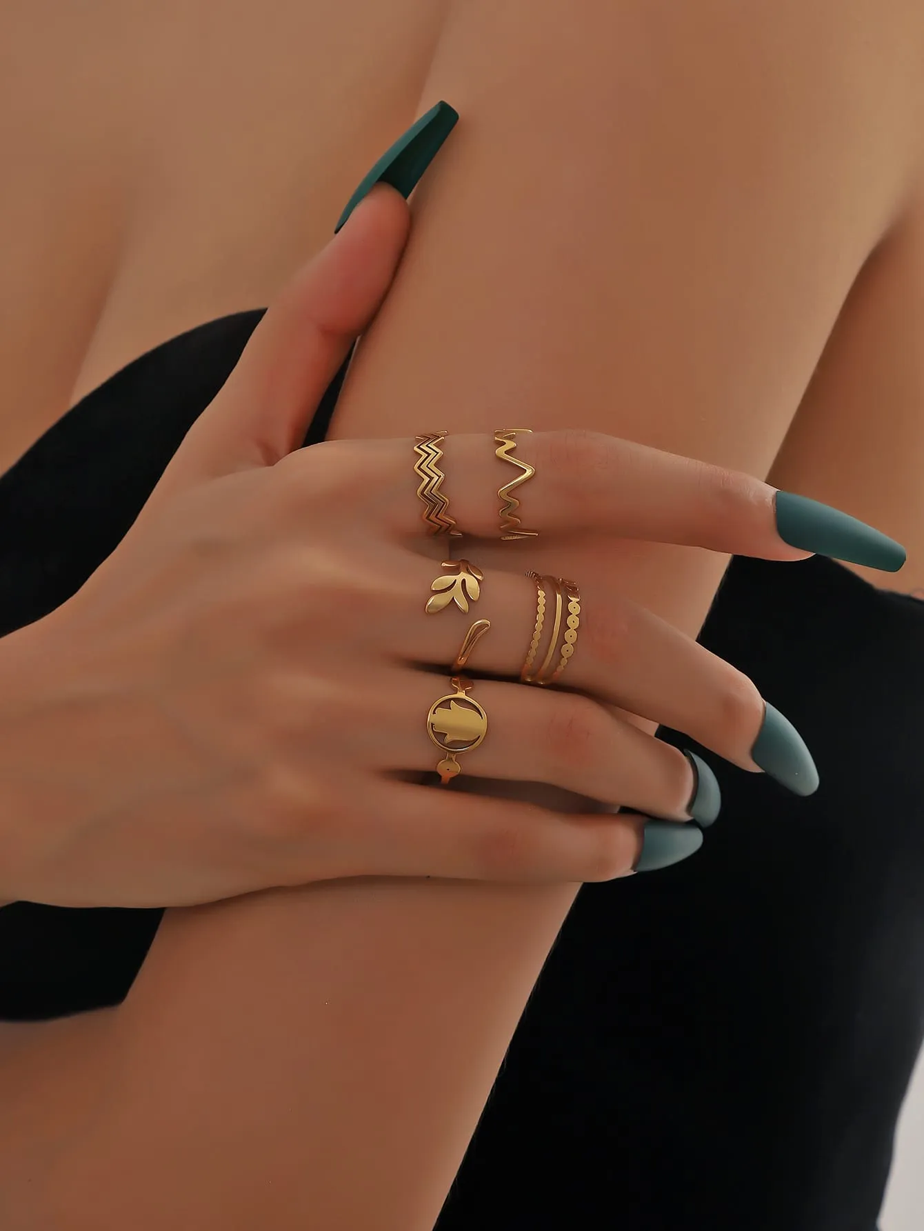 5pcs Retro Stainless Steel Electroplated Open Ring Set
