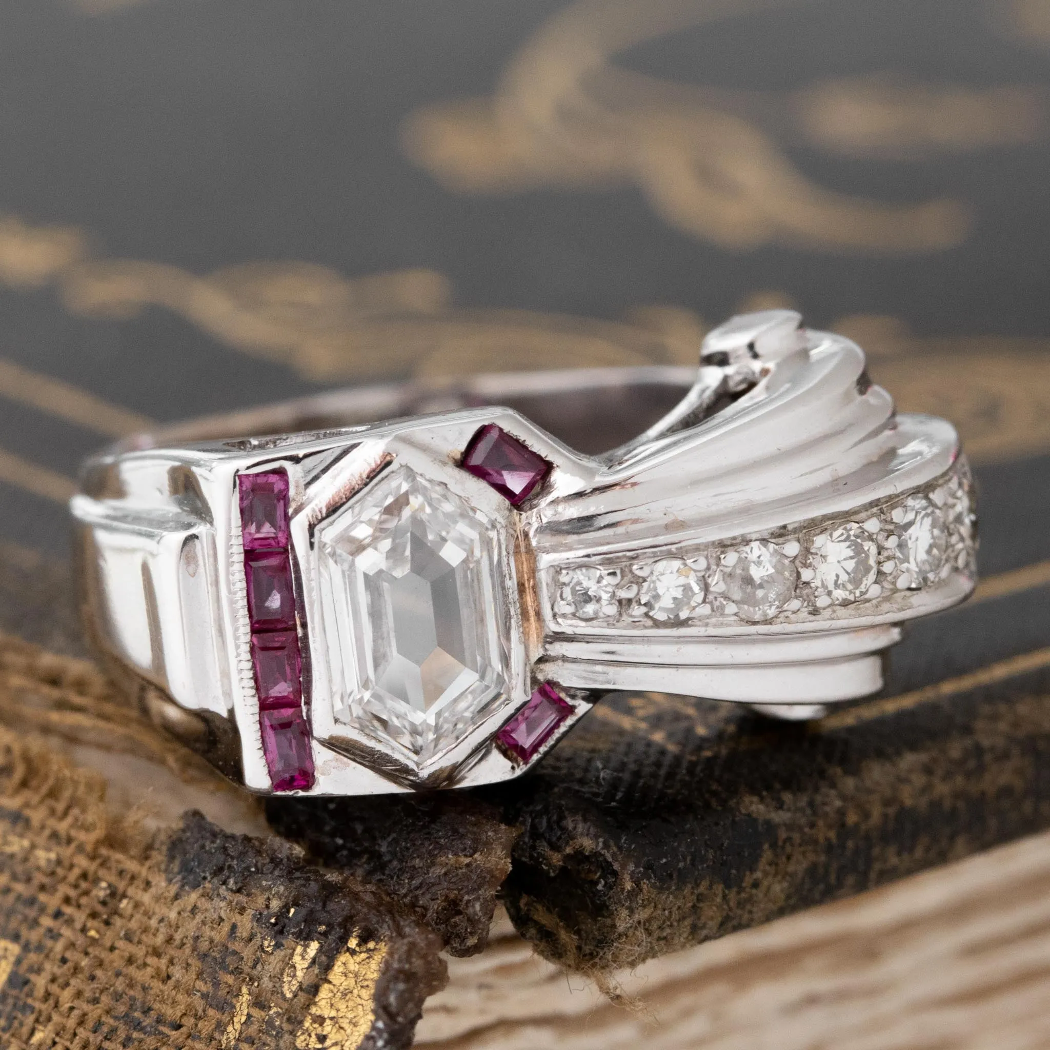 .95ctw Retro Revival Portrait Cut Diamond & Ruby Ring