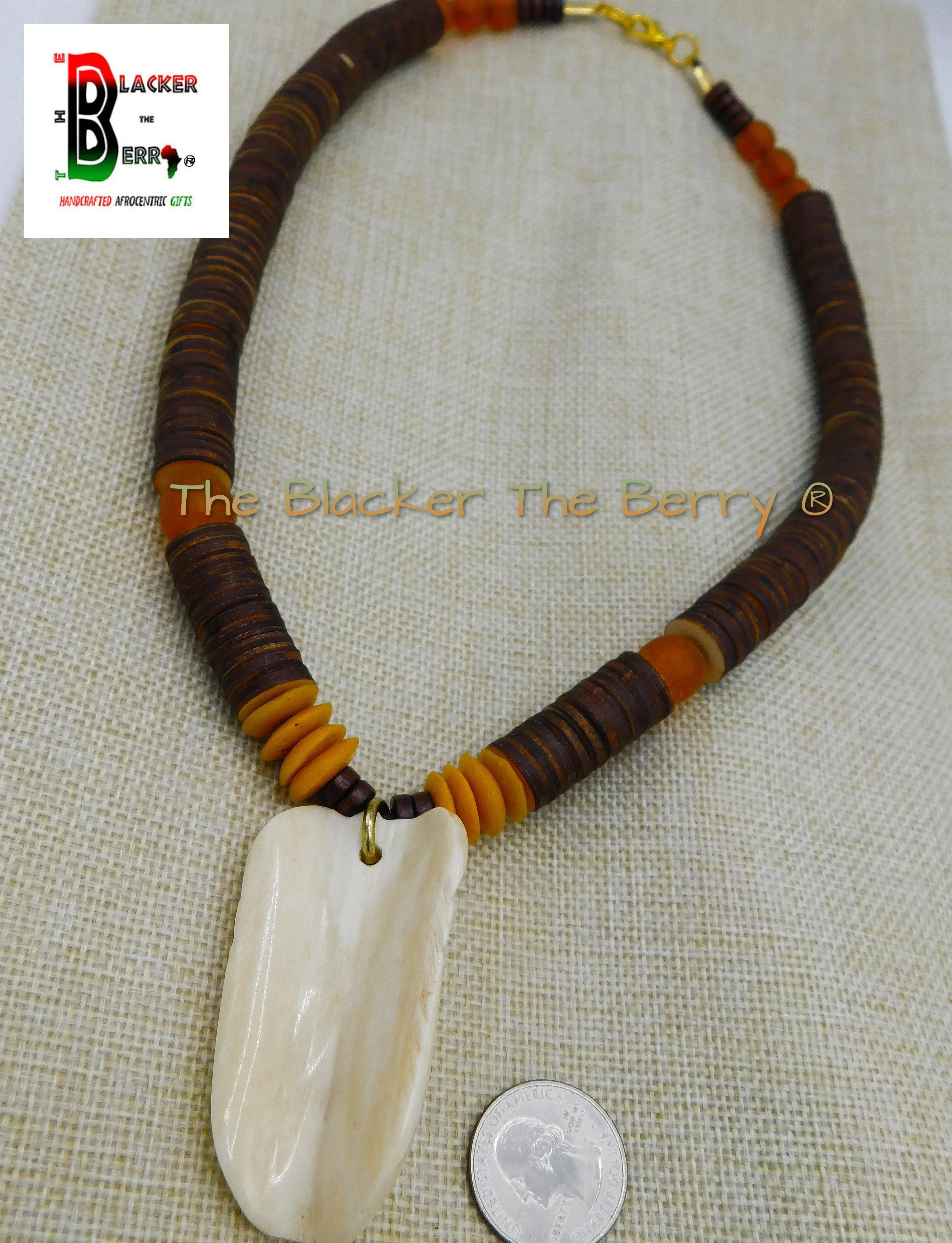 African Mask Necklace Afrocentric Ethnic Beaded Handmade Orange Brown OOAK