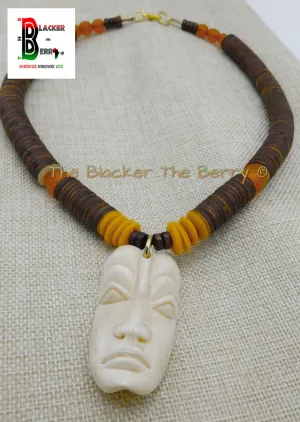 African Mask Necklace Afrocentric Ethnic Beaded Handmade Orange Brown OOAK