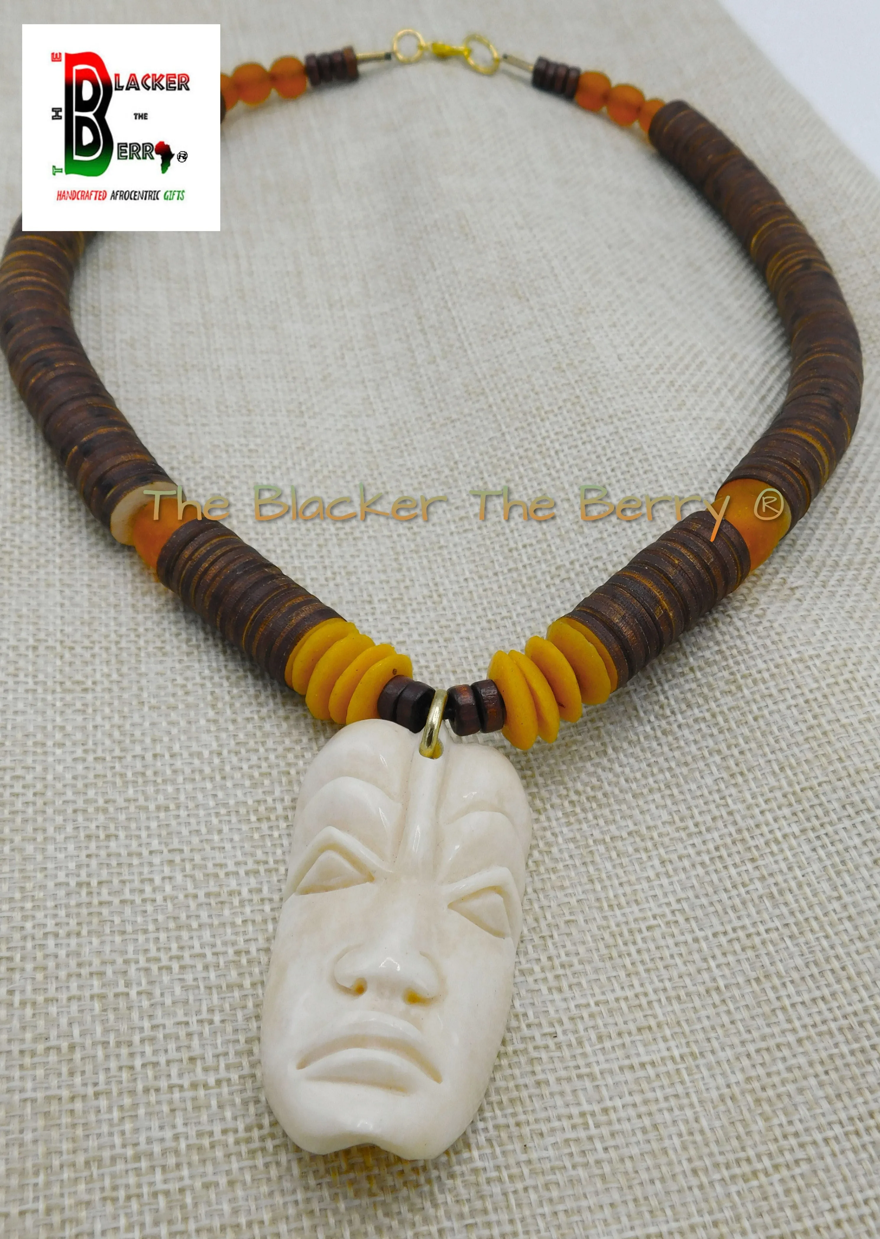 African Mask Necklace Afrocentric Ethnic Beaded Handmade Orange Brown OOAK
