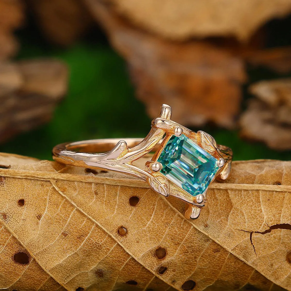 Antique 1 CT Emerald Cut Blue Moissanite Bezel  Set leaf Vines Design Gold or Silver Ring