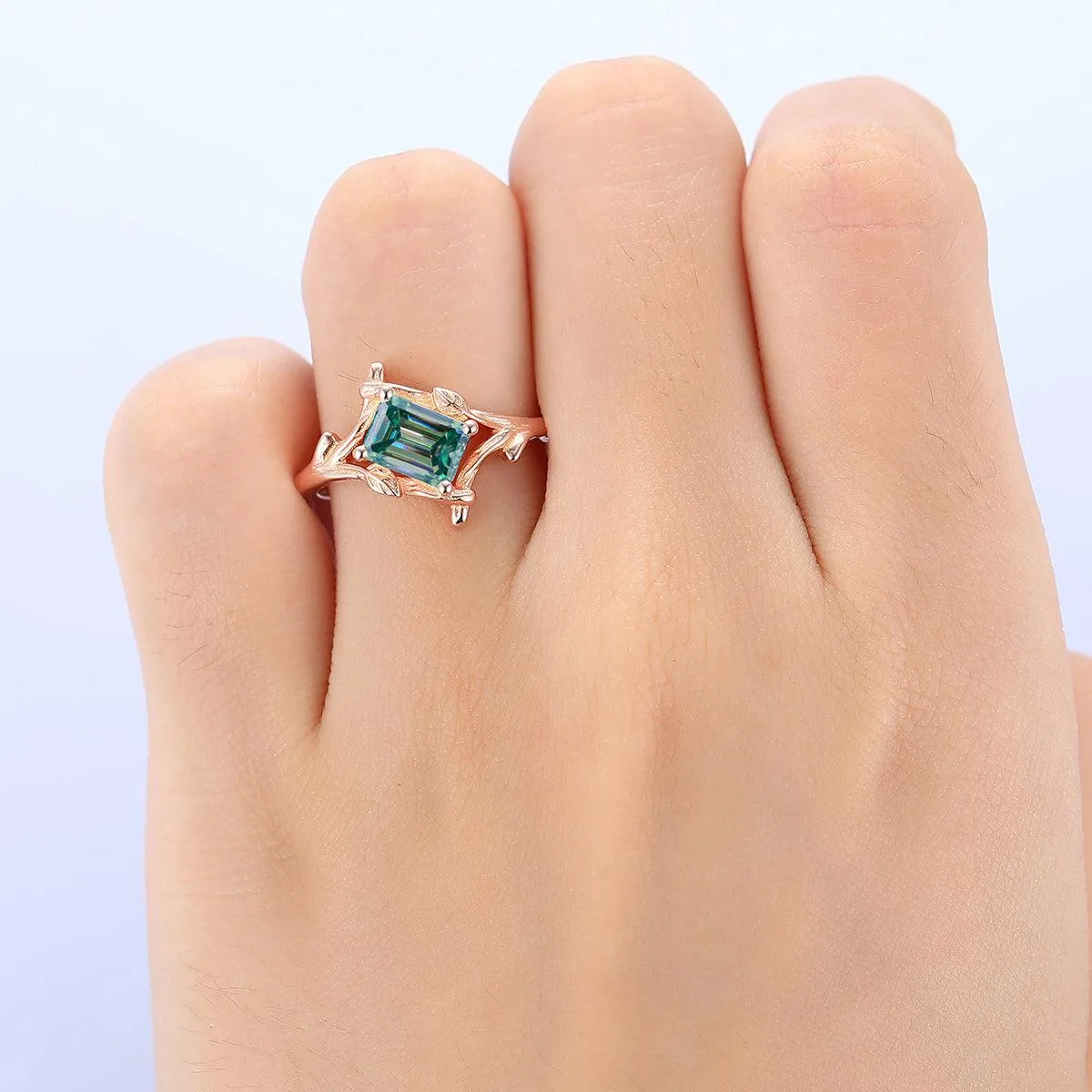 Antique 1 CT Emerald Cut Blue Moissanite Bezel  Set leaf Vines Design Gold or Silver Ring
