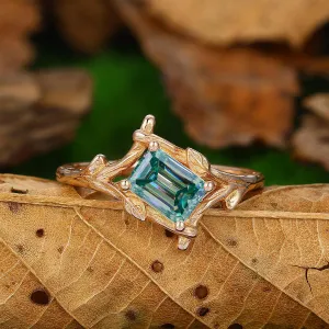 Antique 1 CT Emerald Cut Blue Moissanite Bezel  Set leaf Vines Design Gold or Silver Ring