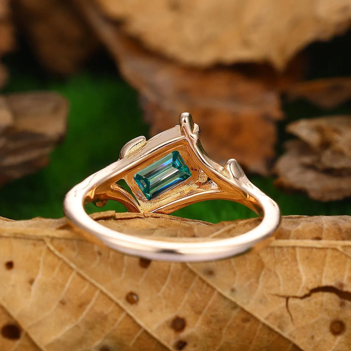 Antique 1 CT Emerald Cut Blue Moissanite Bezel  Set leaf Vines Design Gold or Silver Ring
