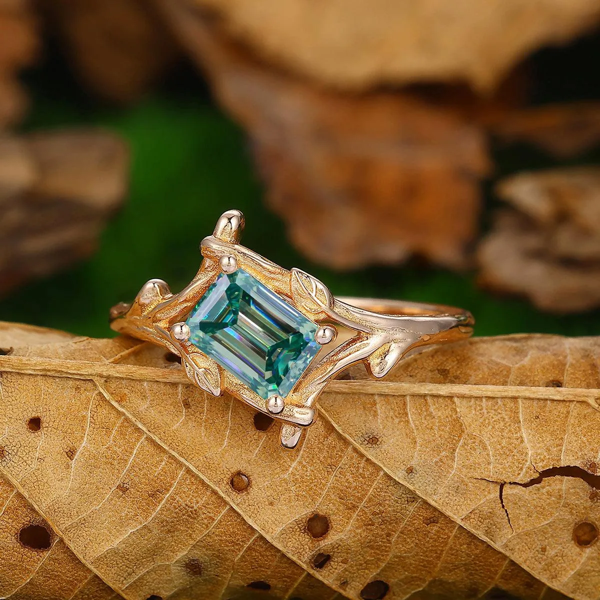 Antique 1 CT Emerald Cut Blue Moissanite Bezel  Set leaf Vines Design Gold or Silver Ring