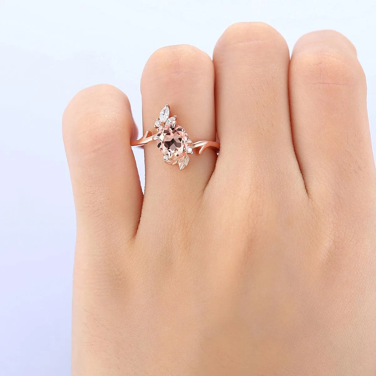 Antique 1.25 CT Natural Pink Morganite Round Cut Nature Inspired Gold Leaf Ring