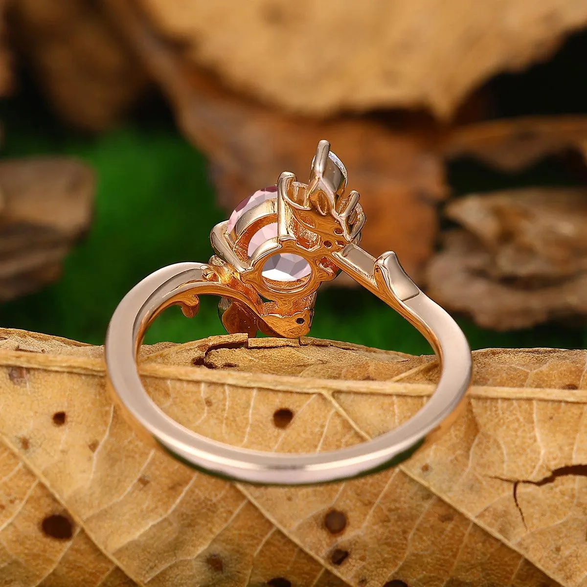 Antique 1.25 CT Natural Pink Morganite Round Cut Nature Inspired Gold Leaf Ring