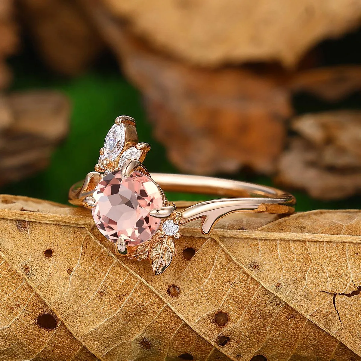 Antique 1.25 CT Natural Pink Morganite Round Cut Nature Inspired Gold Leaf Ring