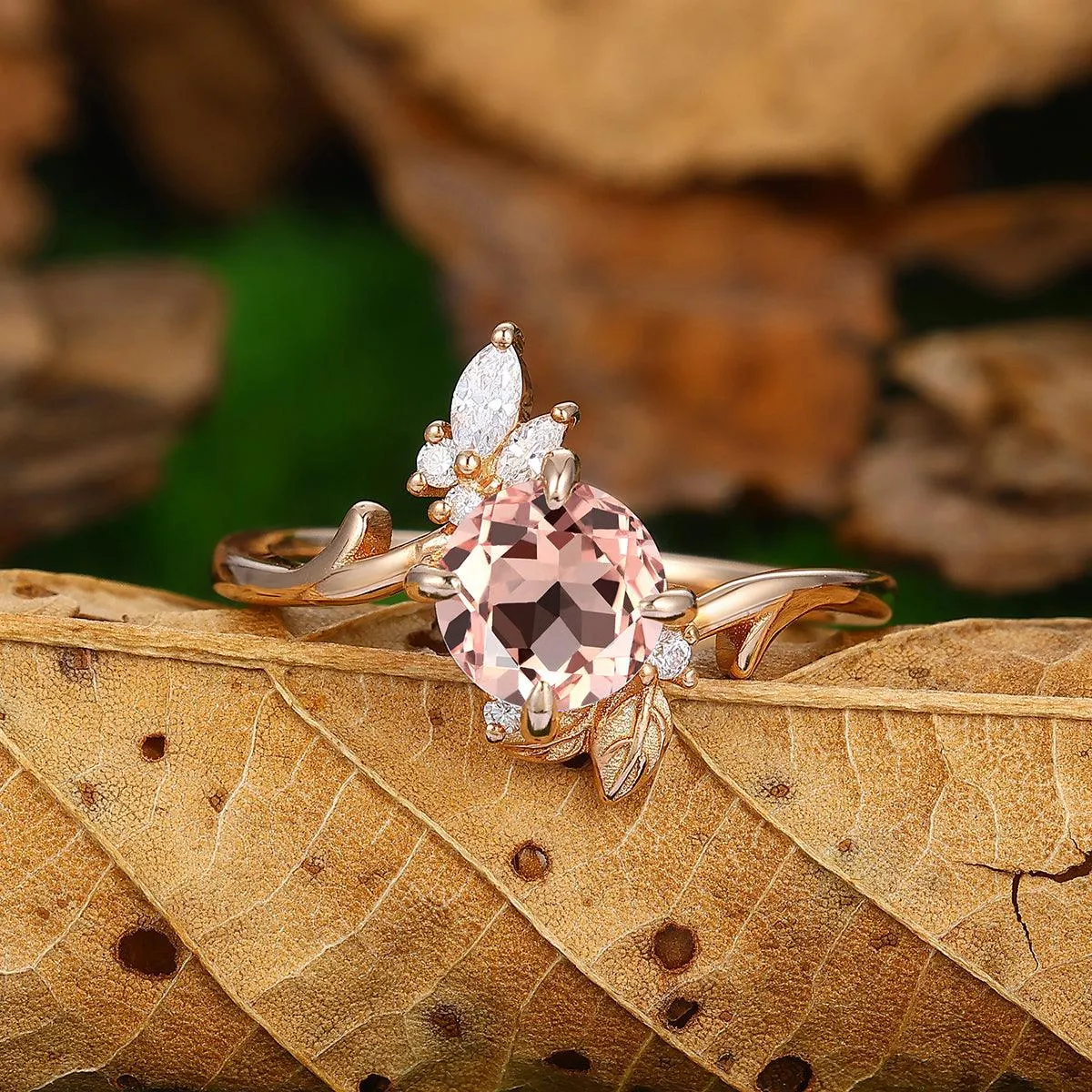 Antique 1.25 CT Natural Pink Morganite Round Cut Nature Inspired Gold Leaf Ring