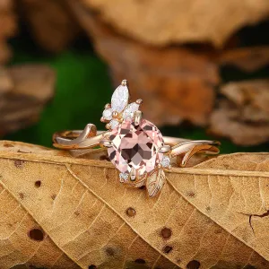 Antique 1.25 CT Natural Pink Morganite Round Cut Nature Inspired Gold Leaf Ring