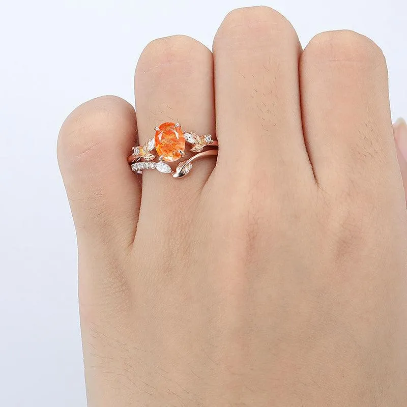 Antique 1.5 CT Oval Shaped Art Deco  Nature Orange Sunstone Leaf Sliver Promise Ring