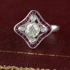 Art Deco 18K White Gold Diamond and Ruby Ring