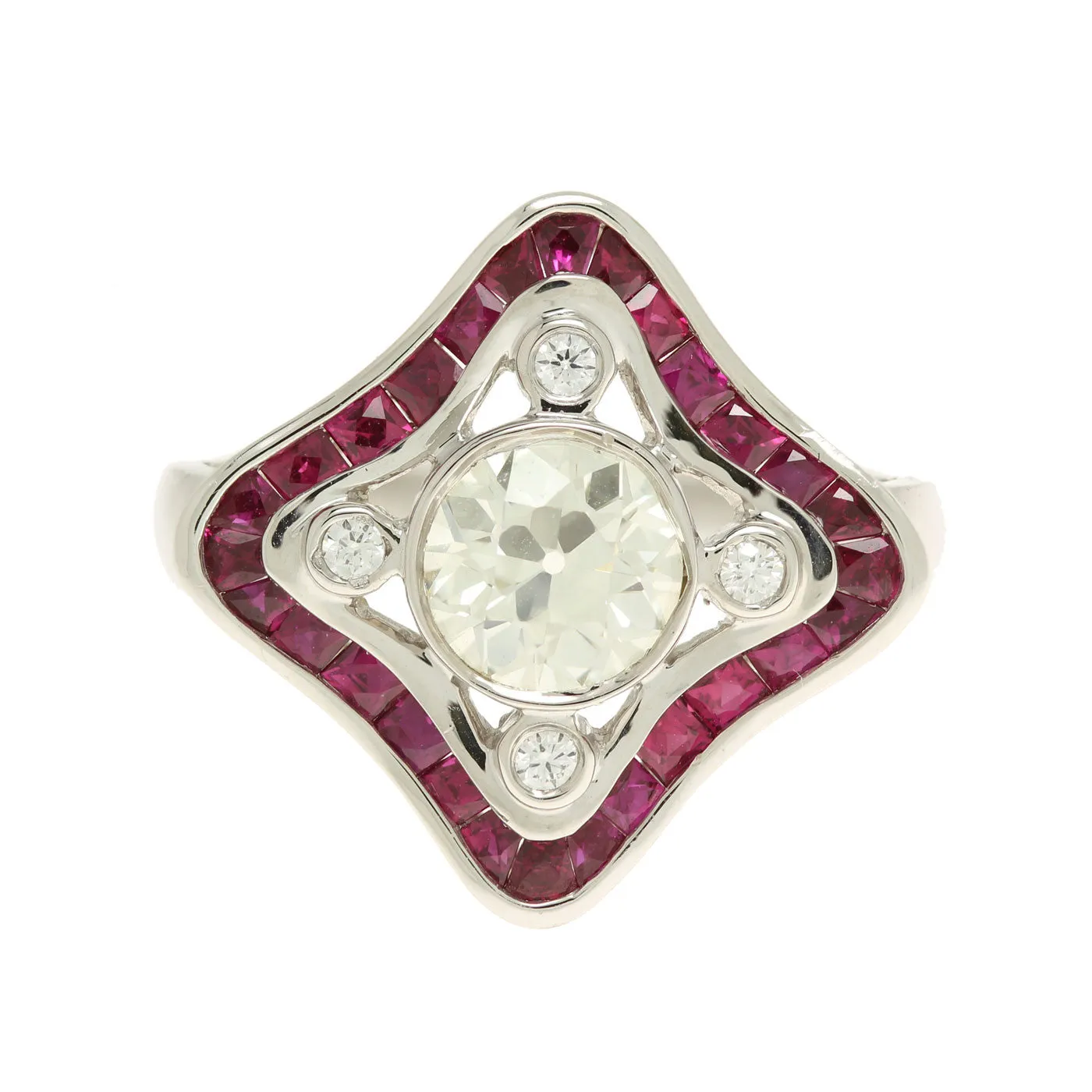 Art Deco 18K White Gold Diamond and Ruby Ring
