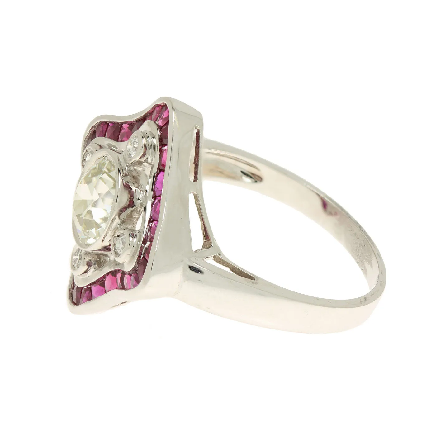 Art Deco 18K White Gold Diamond and Ruby Ring