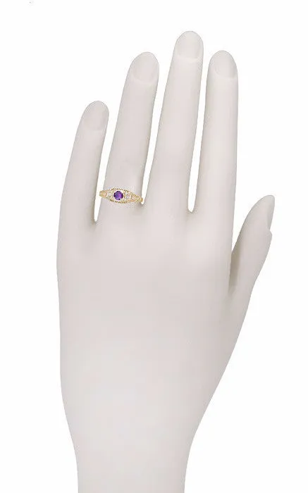 Art Deco Amethyst and Diamond Filigree Promise Ring in 14K Yellow Gold