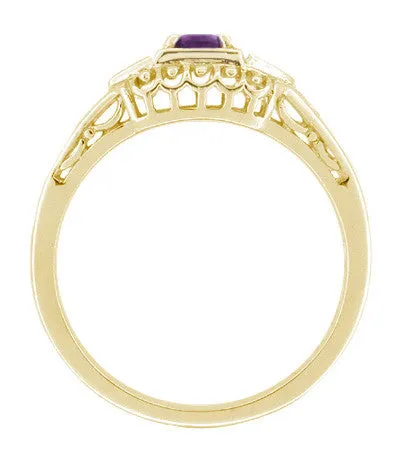 Art Deco Amethyst and Diamond Filigree Promise Ring in 14K Yellow Gold